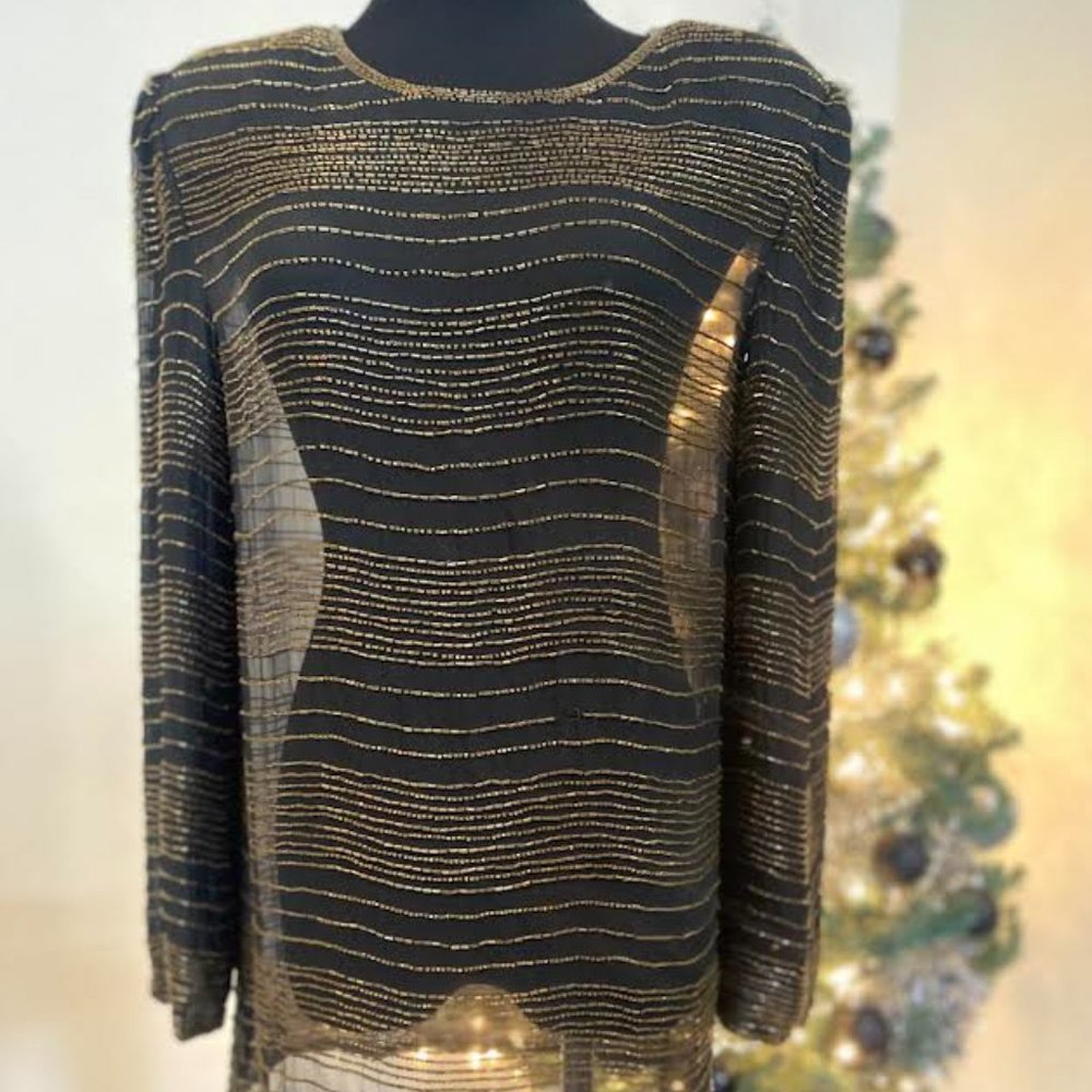 VTG Gold Beaded Holiday Dress